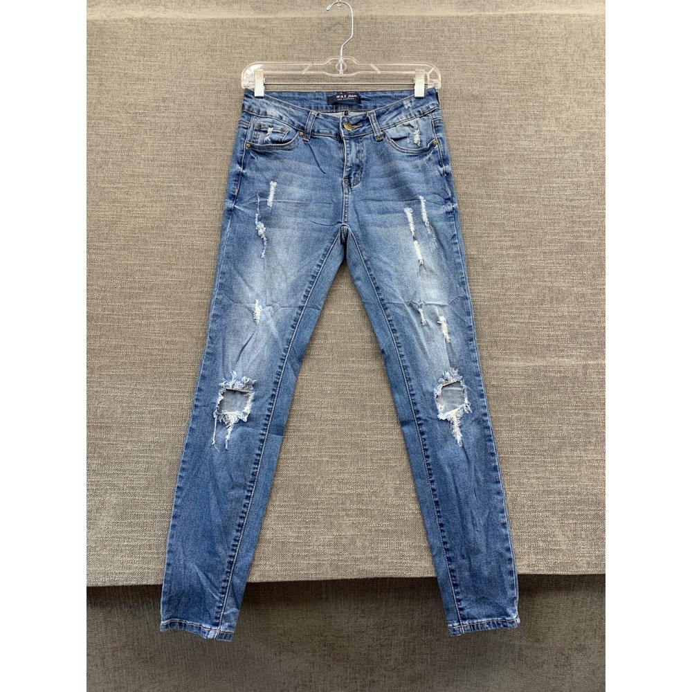 Wax Skinny Jeans Womens 28 Blue Distressed Whiskering Denim Cotton Stretch Slim